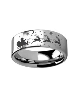 Santa's Sleigh Ring, Sleigh Ring, Christmas Ring, Santa Reindeer Jewelry, Christmas Eve Promise Ring, Tungsten Ring Anniversary Gift Men 8mm