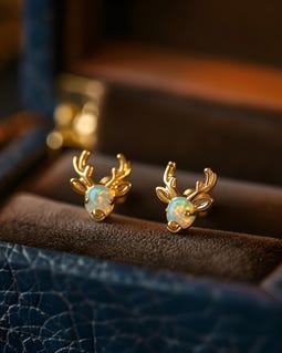 Deer Opal Stud Earrings, Animal Earrings, Rose Gold Silver Studs, White Fire Opal Nature Stag Deer Head, Christmas Gift, Animal Lover Gift