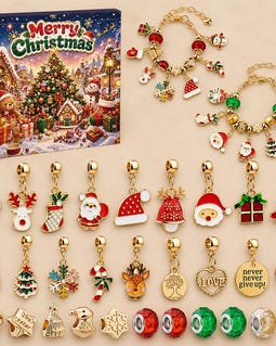 Christmas Advent Calendar Charm Bracelet, Christmas Jewellery Gift, Festive Charm Beads, Santa Snowflake Reindeer Charms, Holiday Countdown